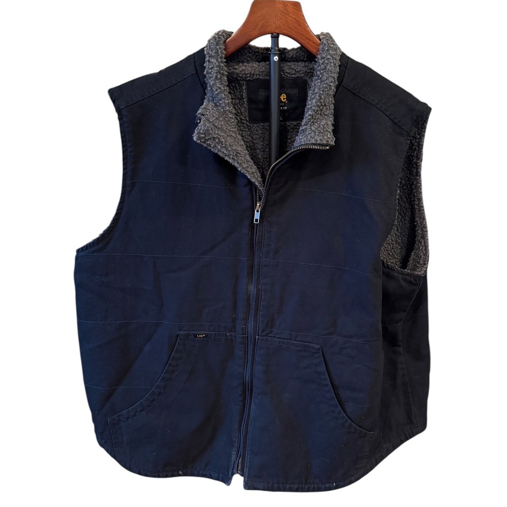 Lee Mens Sherpa Lined Canvas Workwear Vest Black Full Zip Regular Fit Large